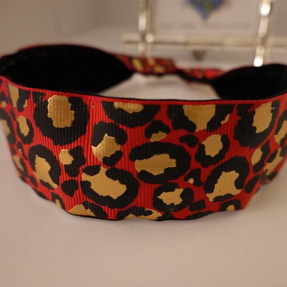 Leopard Print Grosgrain Velvet Lined Headband (Red, Blue or Khaki) - Picture 3 of 7
